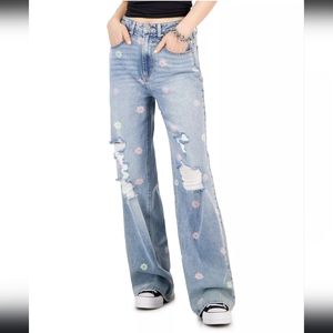 NWT Tinseltown Juniors' Floral-Peace-Print Wide-Leg Jeans, Size 11 T1